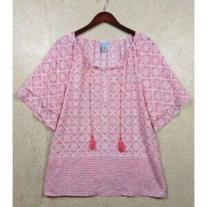 CATHERINES Coral Pink Tassel Medallion Print Top Size 4X